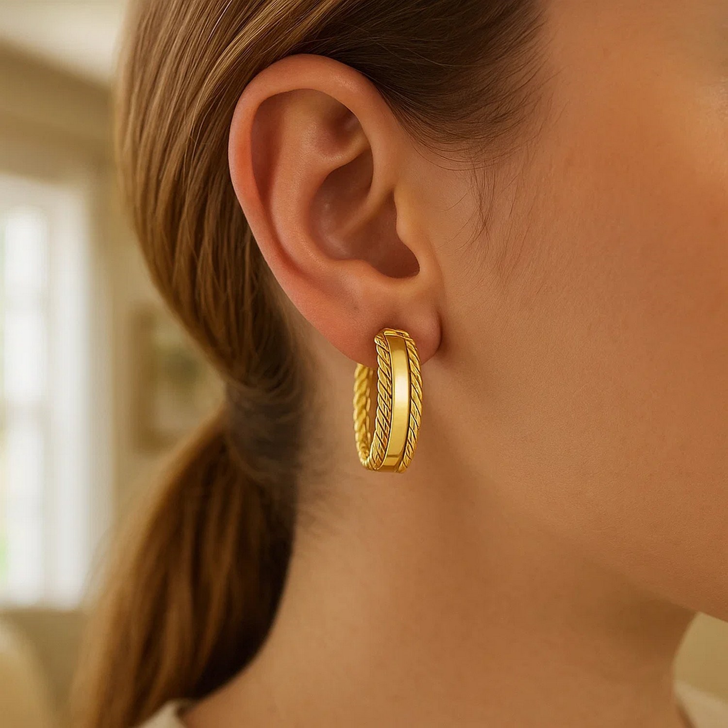 14K Yellow Gold Triple Row Hoop Earrings - Image 3