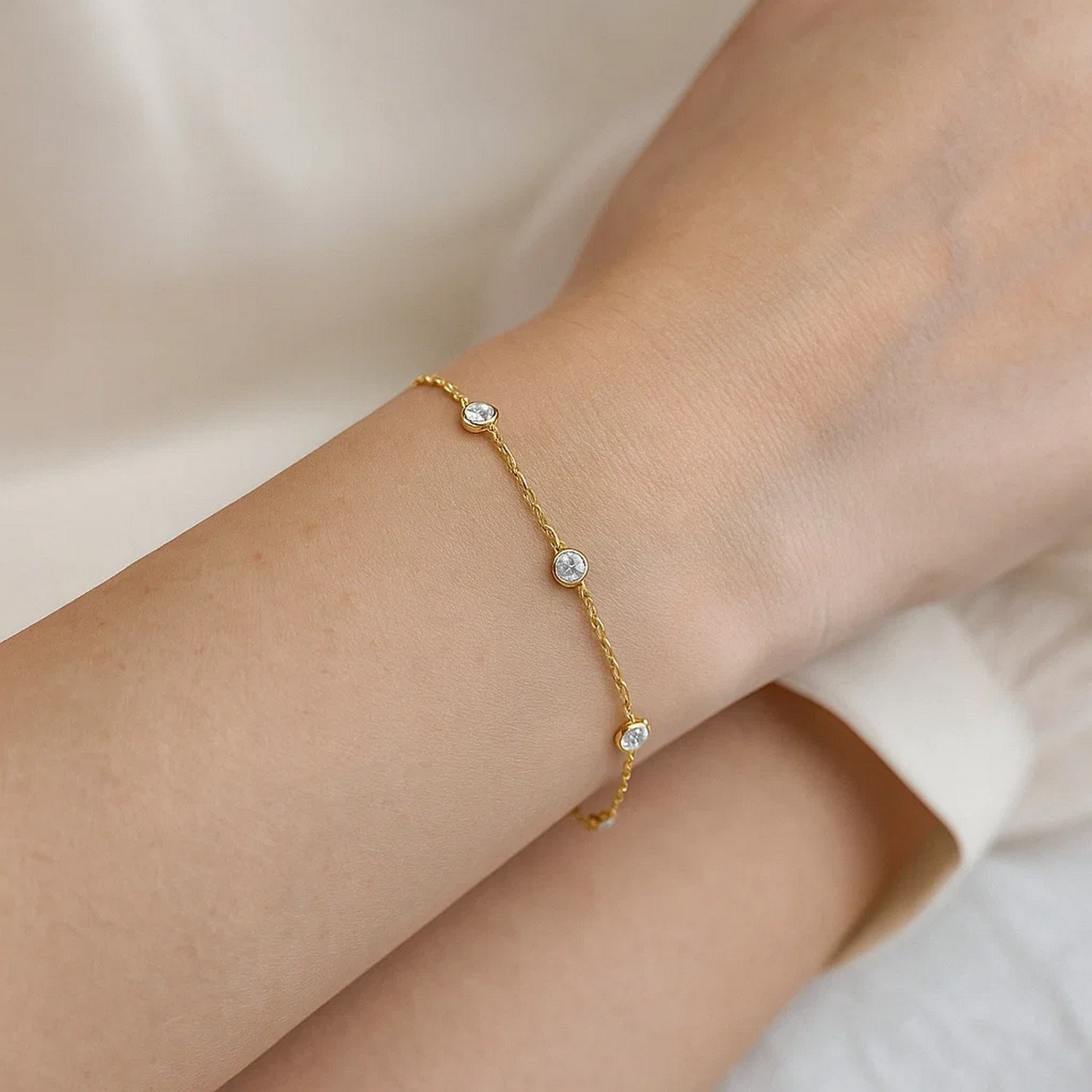 14K Yellow Gold CZ Station Bracelet - Image 4