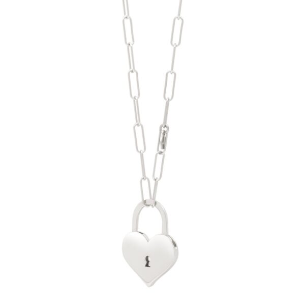 Sterling Silver Rhodium Plated Padlock Heart Necklace