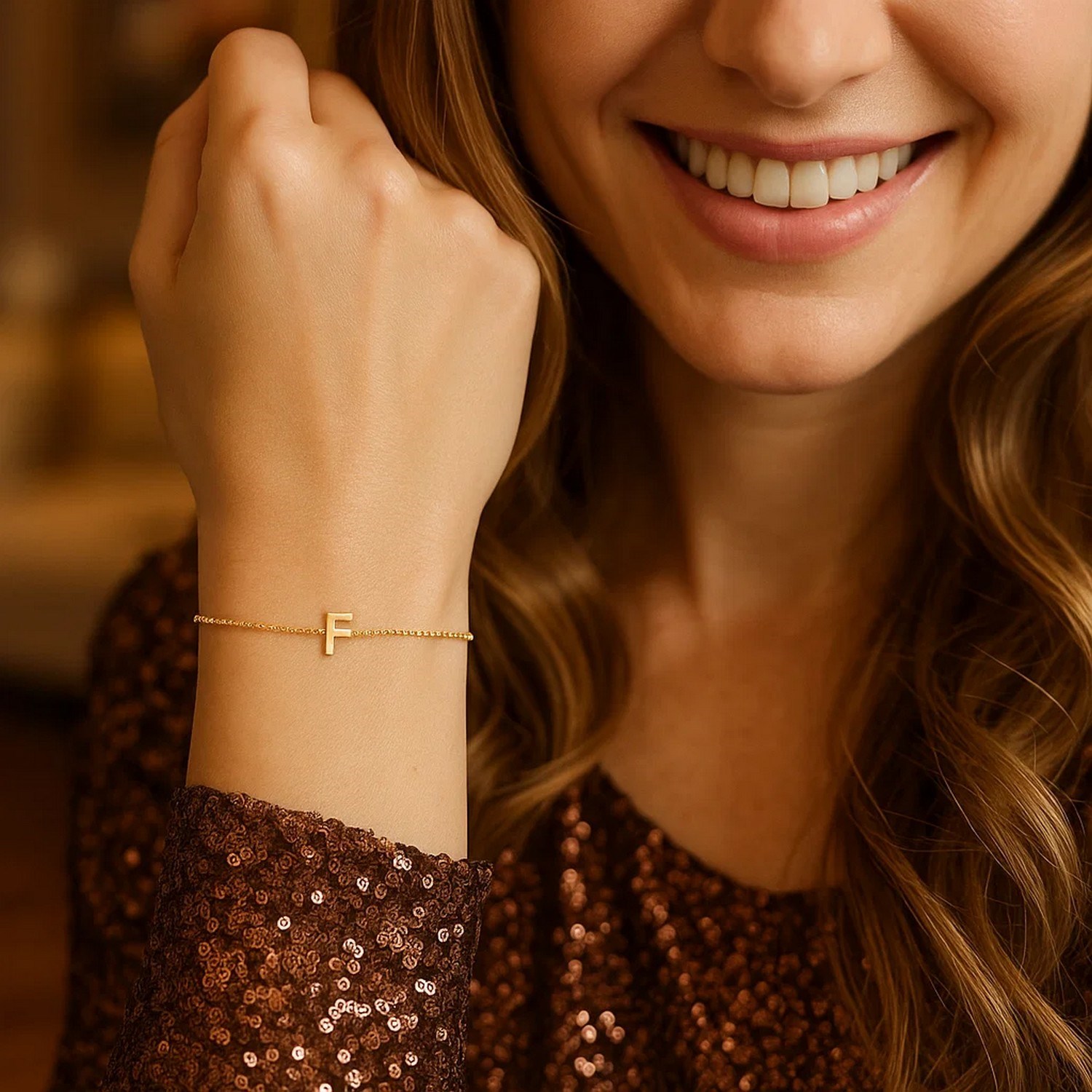 14K Yellow Gold Mini Initial F Bracelet - Image 3