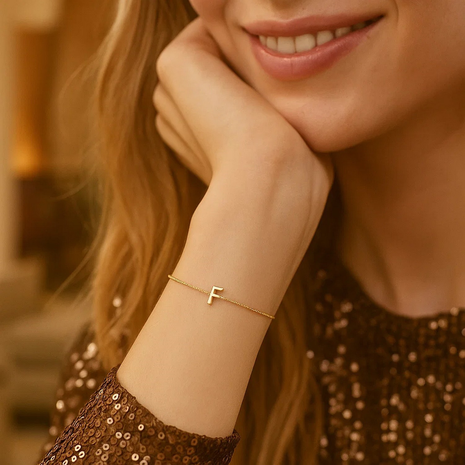 14K Yellow Gold Mini Initial F Bracelet - Image 5