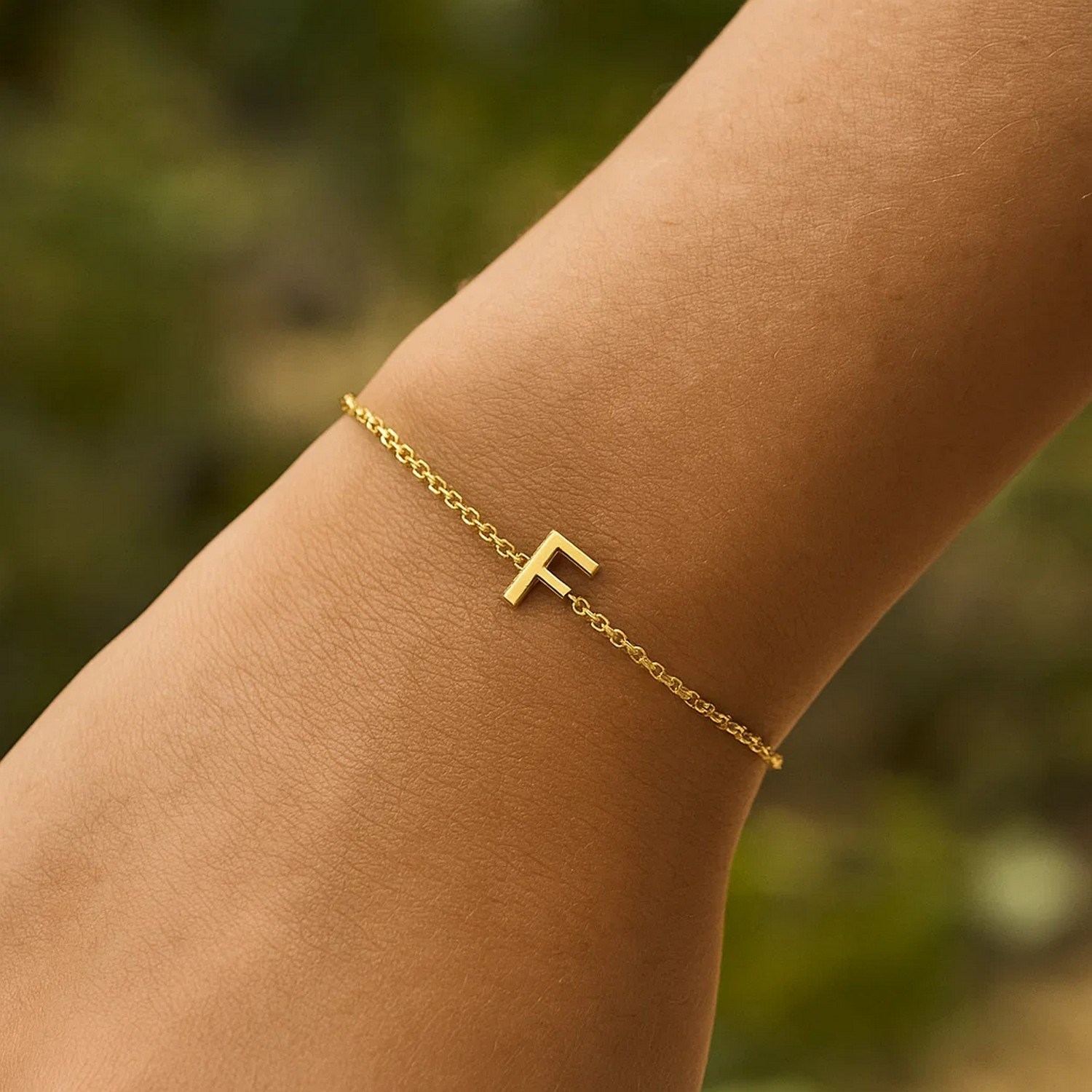 14K Yellow Gold Mini Initial F Bracelet - Image 6