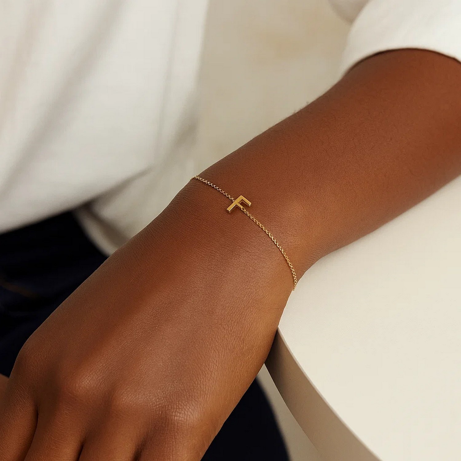 14K Yellow Gold Mini Initial F Bracelet - Image 7