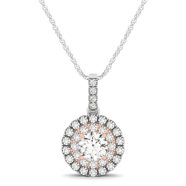 Round Shape Halo Diamond Pendant in 14k White and Rose Gold (1/2 cttw)
