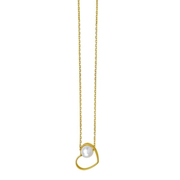 Open Heart and Pearl Necklace in 14K Yellow Gold