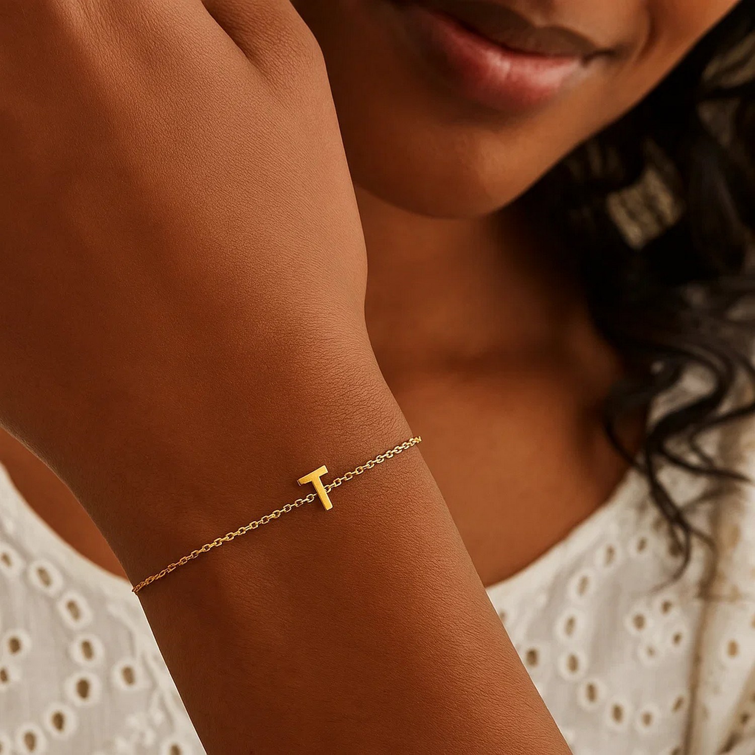 14K Yellow Gold Mini Initial T Bracelet - Image 4