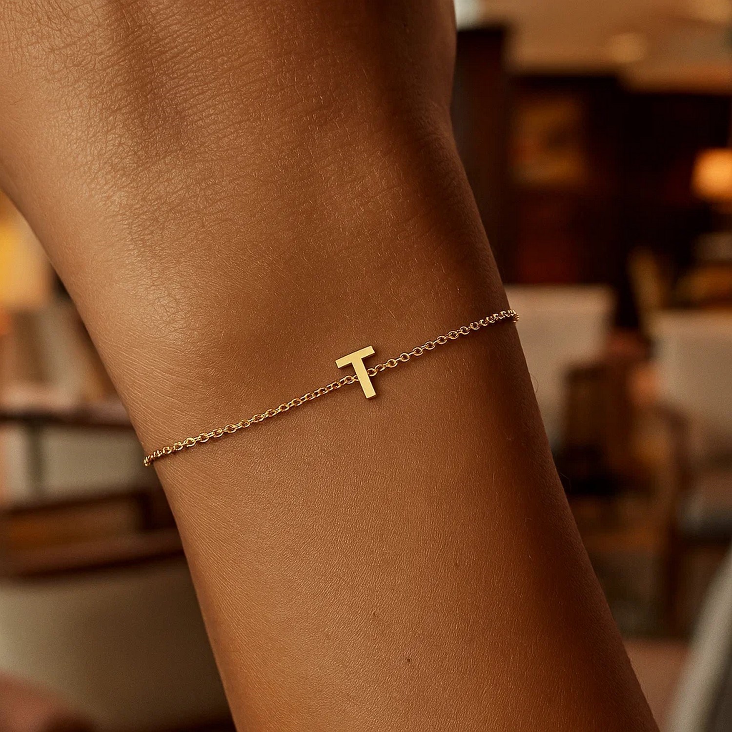 14K Yellow Gold Mini Initial T Bracelet - Image 7