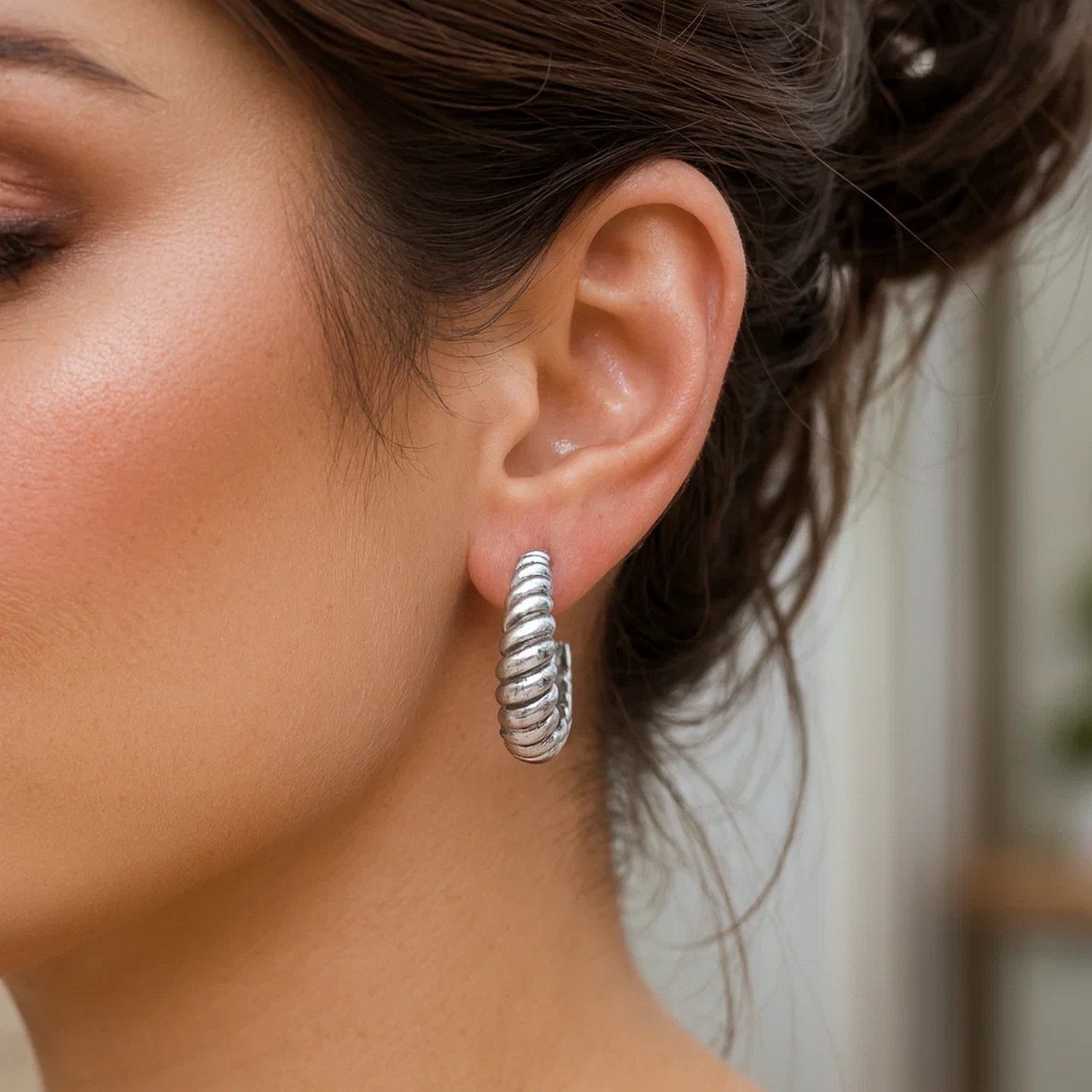 Sterling Silver Rhodium Plated Large Ribbed Twisted Hoop Earrings - Image 2