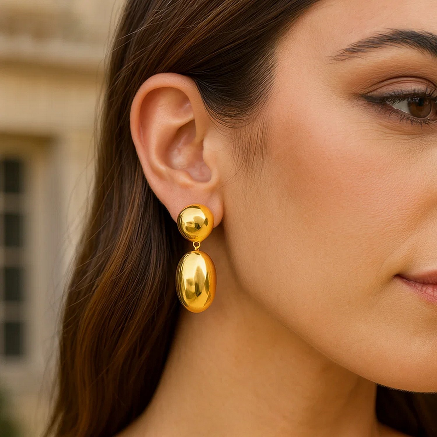 Sterling Silver Rhodium Plated Puffed Oval Double Button Drop Earrings - Image 5