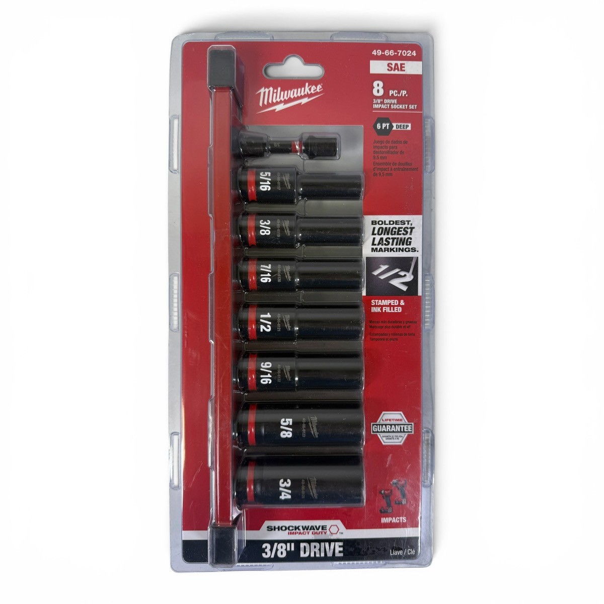 MILWAUKEE 49-66-7024 SHOCKWAVE 3/8 Drive 8pc Deep SAE Impact Sockets (SPG065962)