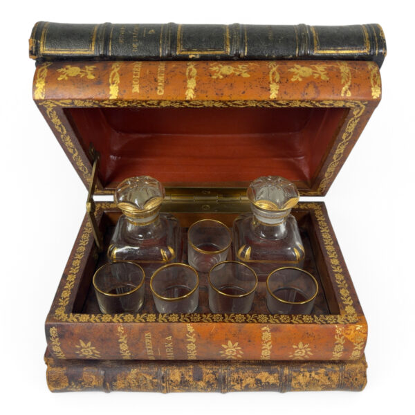 Antique French Faux Book Decanter Box Set – 2 Glass Decanters, 4 Glasses