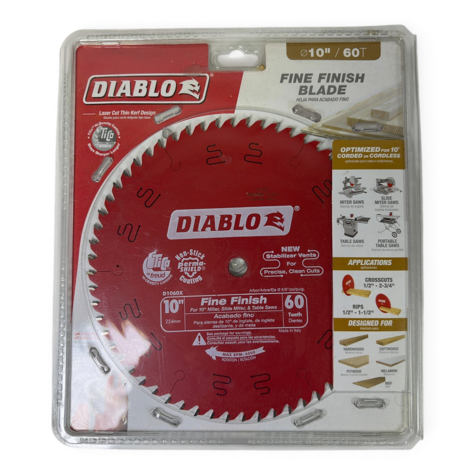 Diablo D1060X 10" 60T Fine Finish Saw Blade – Opened Package, Unused