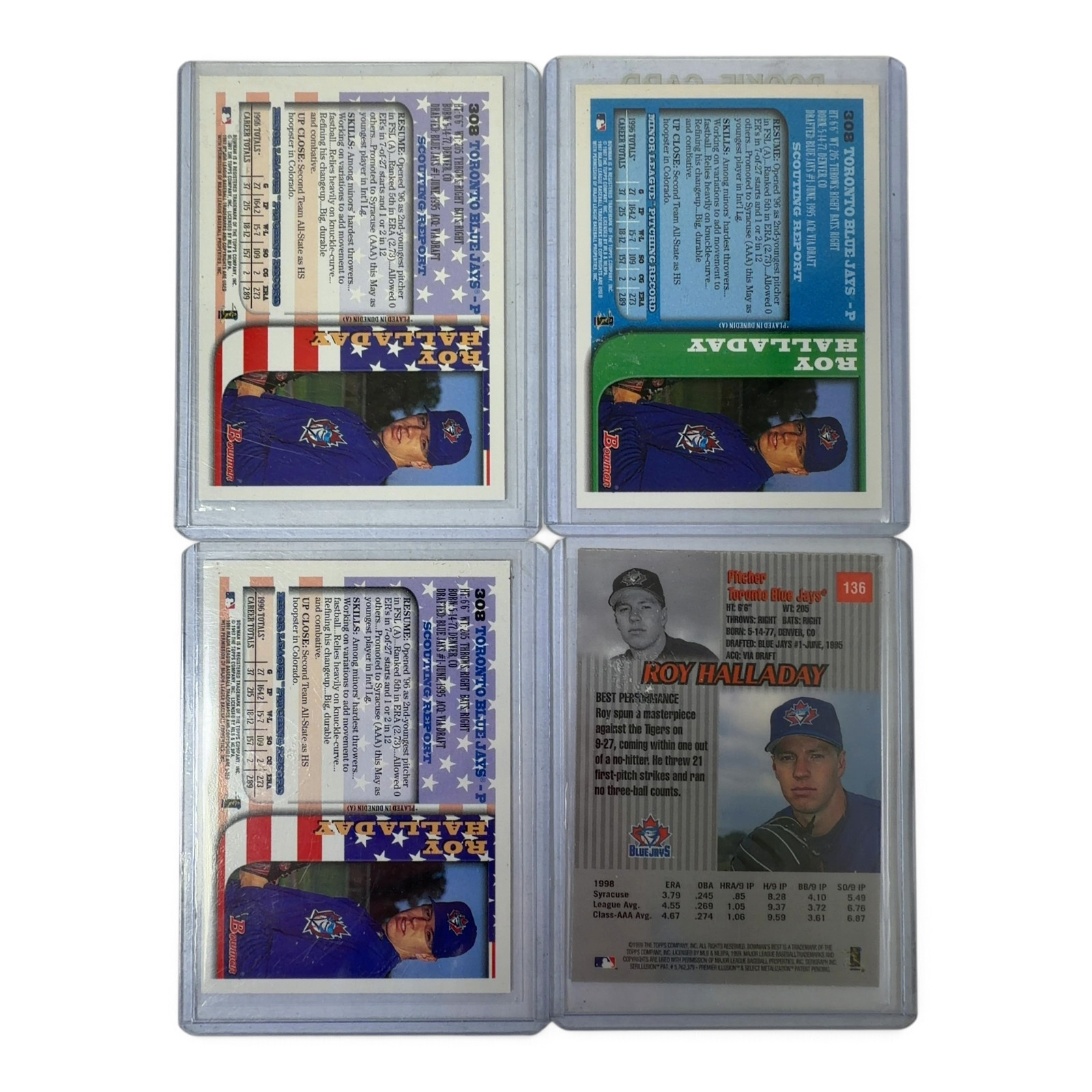 Roy Halladay Rookie & Bowman Card Lot (Bowman #308 x2, Bowman's Best #136, BlueJ