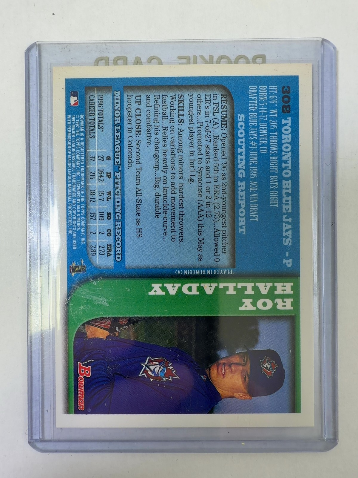 Roy Halladay Rookie & Bowman Card Lot (Bowman #308 x2, Bowman's Best #136, BlueJ