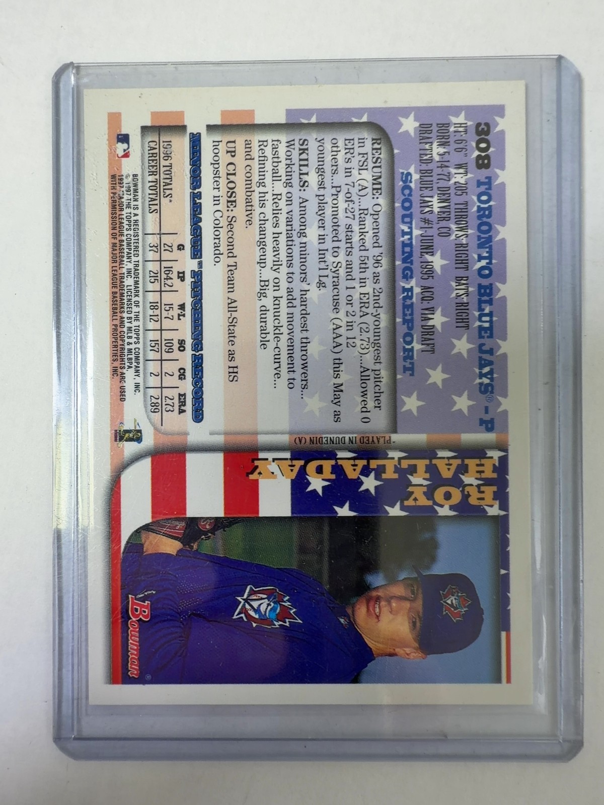 Roy Halladay Rookie & Bowman Card Lot (Bowman #308 x2, Bowman's Best #136, BlueJ