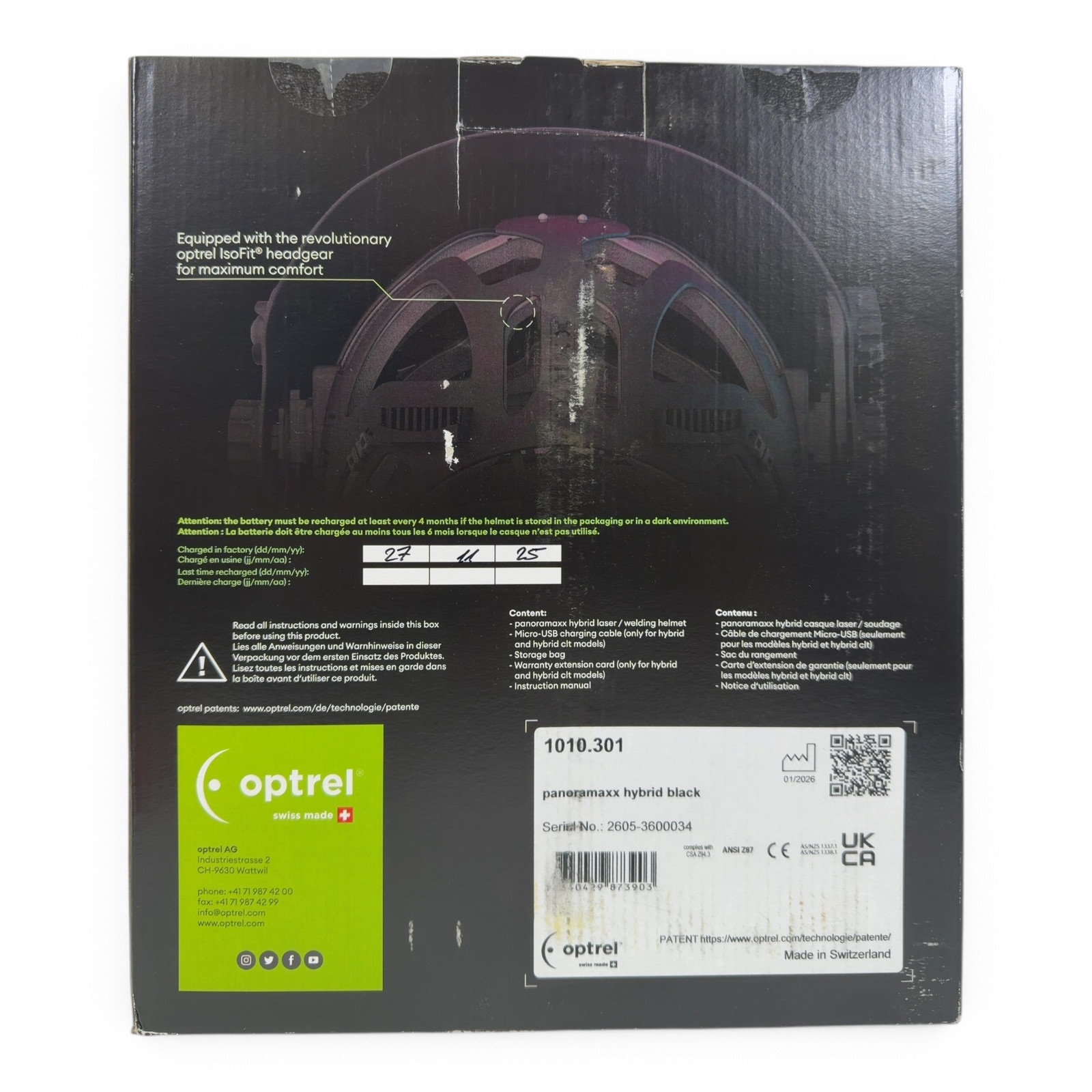 Optrel Panoramaxx Hybrid Black 1010.301 Welding Helmet New In Box