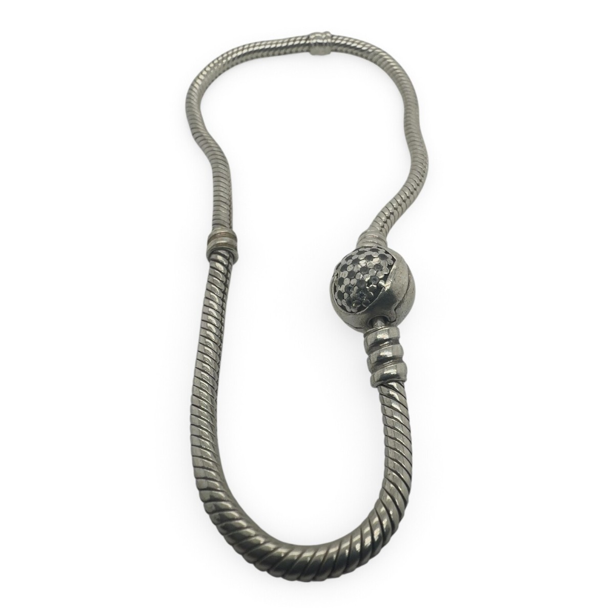 Pandora Silver Snake Chain Charm Bracelet, 8" Round Clasp – Tested (SPG066466)